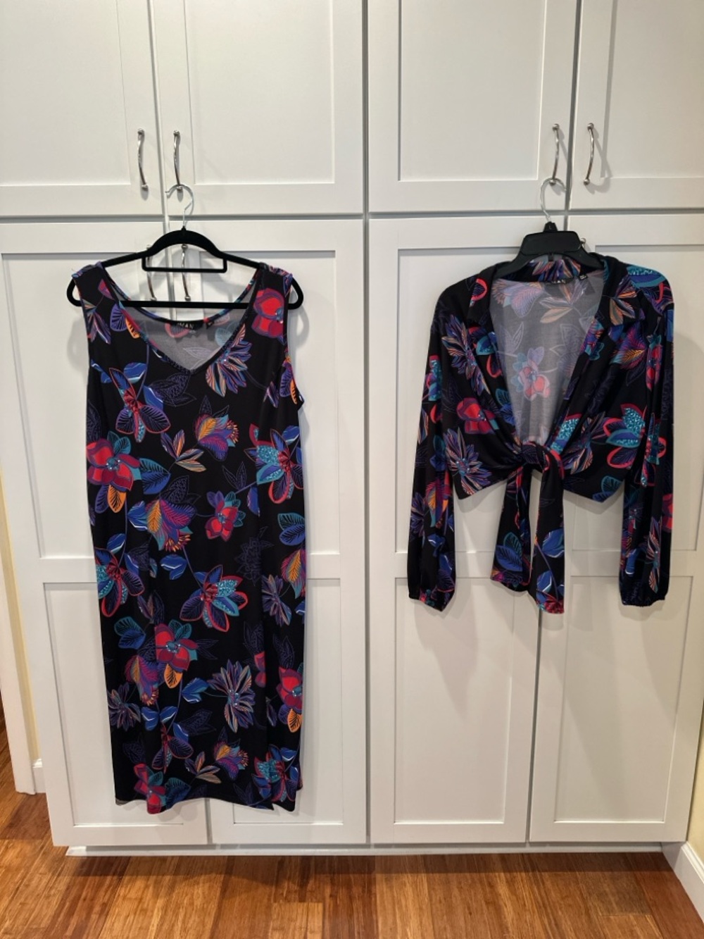 Iman XLP Floral Black Sleeveless Dress with Matching Tie-Front Shrug